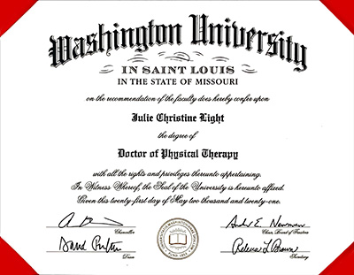 Julie Light PT Diploma from Washington University of Saint Louis, Missouri
